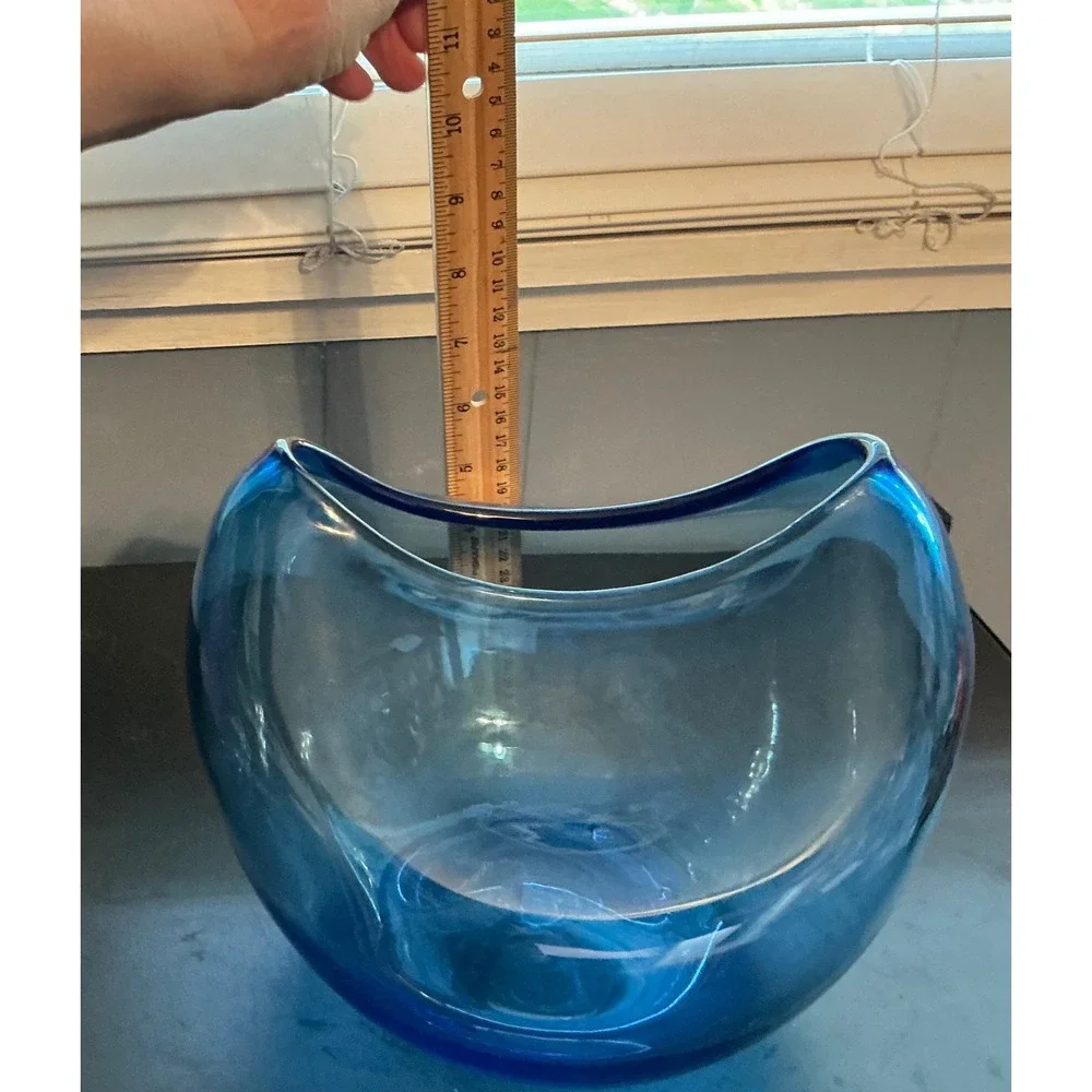 Blue Hand Blown Art Glass Crescent U-Shaped Sculptural Vase Centerpiece 9.5in